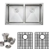 Discount Handcrafted 33" 16-Gauge Apron Front Farmhouse 50-50 Double Bowl Stainless Steel Kitchen Sink with Grid Rack and Basket Strainer Stainless Steel Sinks|Double Bowl Sinks