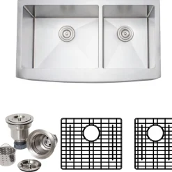 Discount Handcrafted 36" 16-Gauge Arched Apron Front Farmhouse 60/40 Double Bowl Stainless Steel Kitchen Sink with Grid Racks and Basket Strainers Stainless Steel Sinks|Double Bowl Sinks