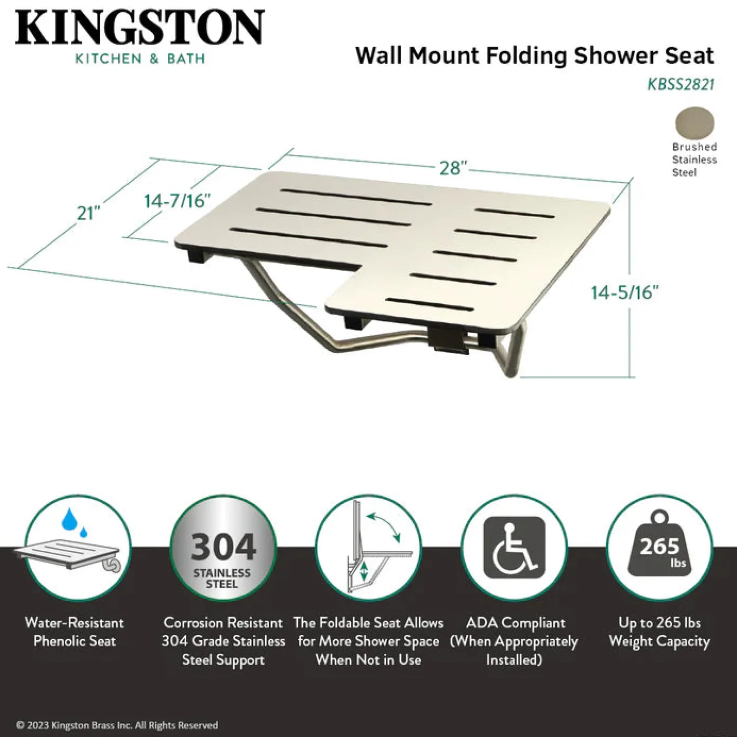 Sale 28" x 21" Wall Mount Fold Down Shower Seat in Brushed Stainless Steel Shower Seats