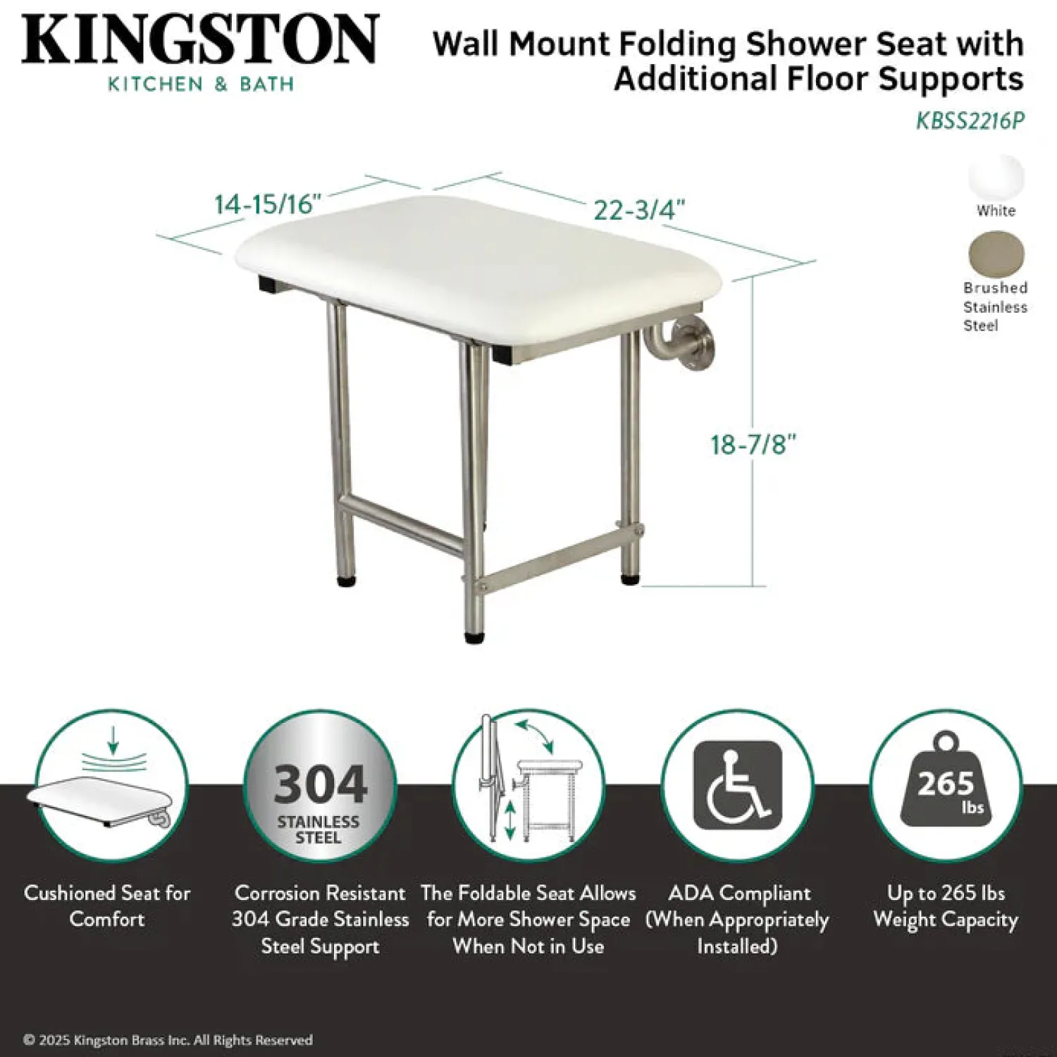 Best 22"x 16" Wall Mount Fold Down Shower Seat with Floor Support in Brushed Stainless Steel Shower Seats
